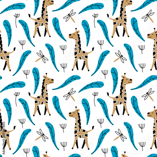 Seamless pattern with cute cartoon giraffes. Vector illustration.