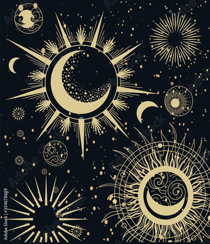 Card design showing the Moon Phases in intricate vector illustrations on a dark sky background for astrology concepts