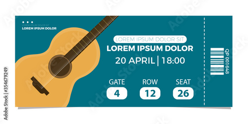 Music concert guitar Ticket icon vector illustration in the flat style. Ticket stub isolated on a background. Retro cinema or movie tickets.
