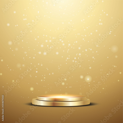Golden podium with a spotlight and bokeh on a gold background, the first place, fame and popularity. Vector illustration.