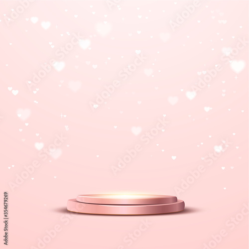 rose gold podium with a spotlight and heart bokeh on a pink background, the first place, fame and popularity. Vector illustration.