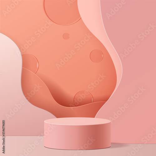 minimal scene with geometrical forms. Cylinder podium in pink background. Scene to show cosmetic product, Showcase, shopfront, display case. 3d vector illustration.