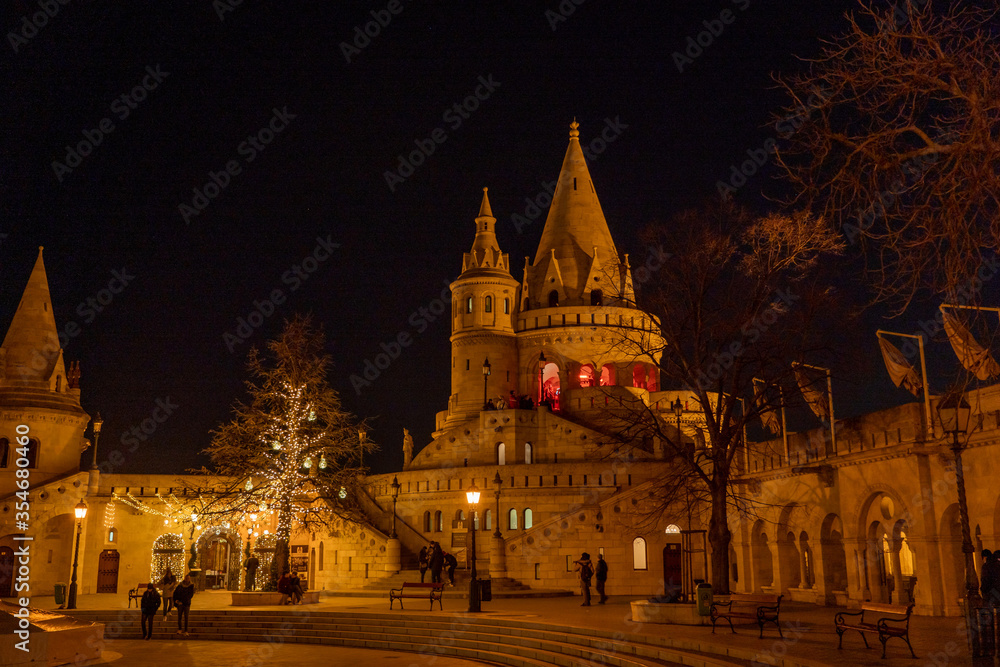 Fisherman's Bastion square on Buda hill in Budapest Hungary at night with light on