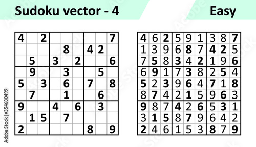 Sudoku game with answers. Simple vector design set Sudoku. Blank template. Complexity of the task is easy.