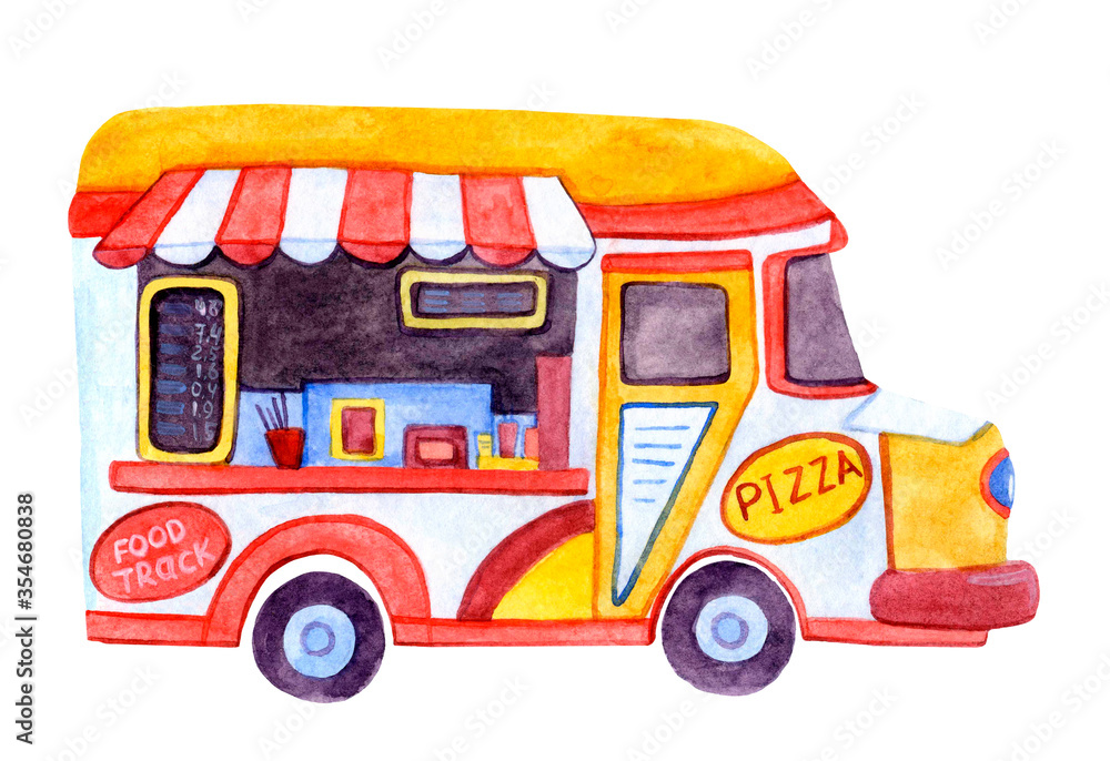 Commercial Food Truck Vehicle isolated on a white background. Watercolor stock illustration