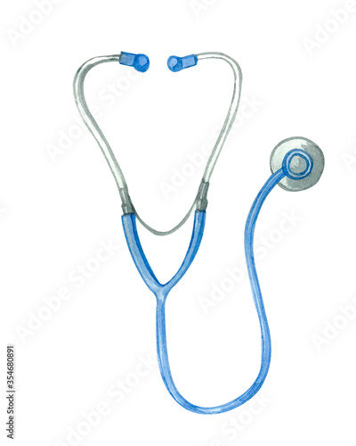 Stethoscope isolated on a white background. Watercolor drawing, stock illustration