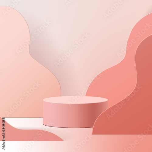 minimal scene with geometrical forms. Cylinder podium in pink background. Scene to show cosmetic product, Showcase, shopfront, display case. 3d vector illustration.