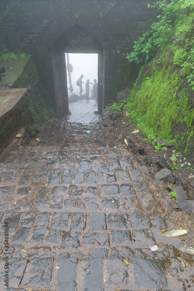 Monsoon trek at Sinhagad Fort, near Pune in India.