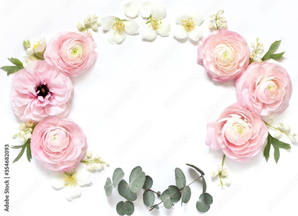 Floral wreath frame on a light background. Pink pink, lily of the valley and jasmine.