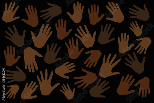 Many hands on dark background, stop racism. Black lives matter. Interracial community unity. Protests against racism in America. Modern vector in flat style. New movement on the rise.