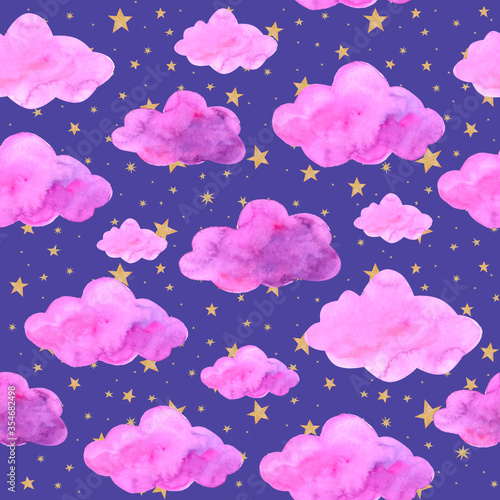 Watercolor seamless pattern with pink  violet clouds on blue background with stars