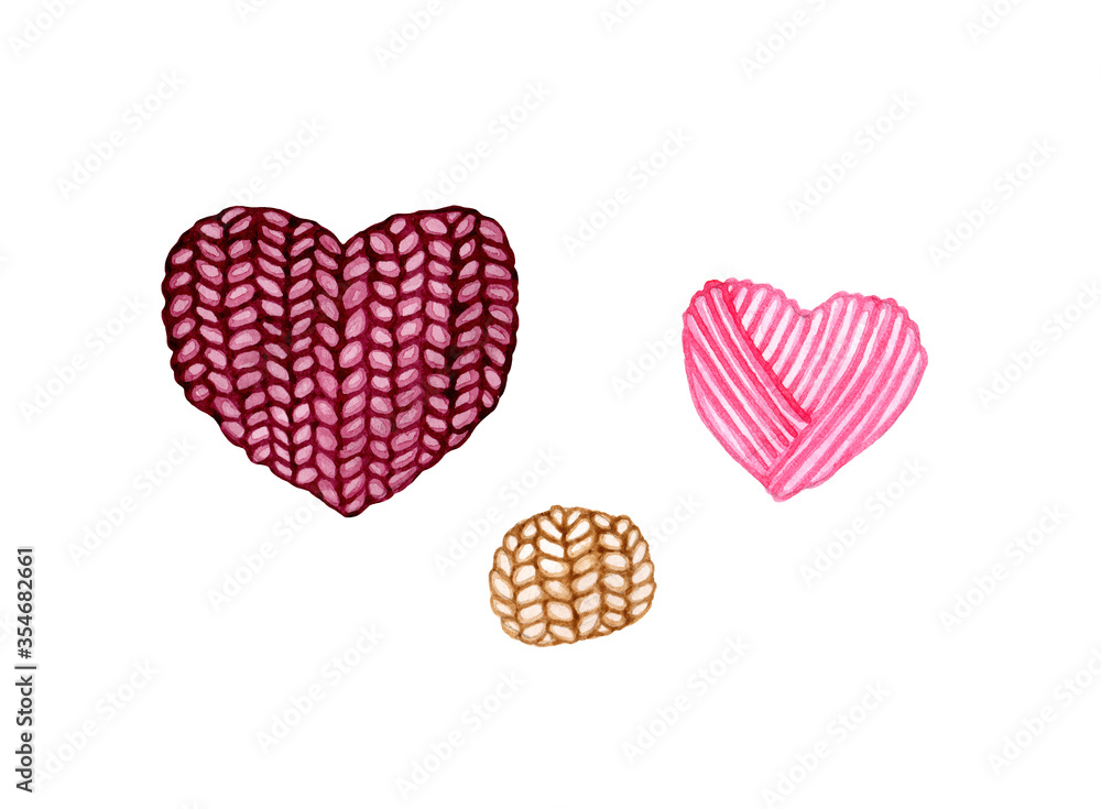 Watercolor hand draw illustration of knitting heart shaped and circle decorative elements . Knitting and Crochet. Watercolor isolated on white background. For handicraft store.