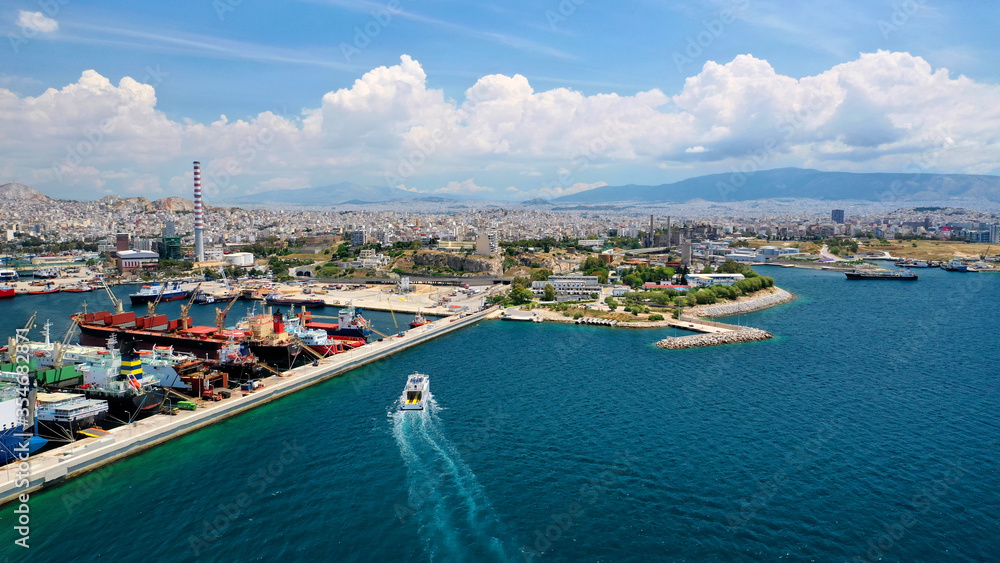Aerial drone photo of industrial loading/unloading logistics container terminal area of Perama, Piraeus port, Attica, Greece