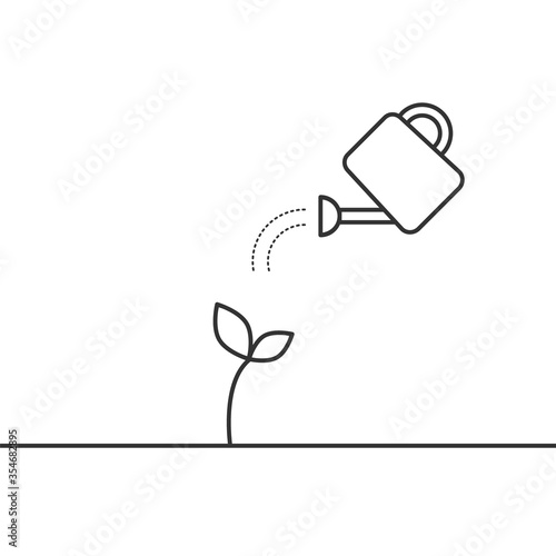 Watering a plant with a watering can line icon. Agriculture, farming, care concept. Growing and developing a seed idea. Gardening. Black outline on white background. Vector illustration,flat,clip art 