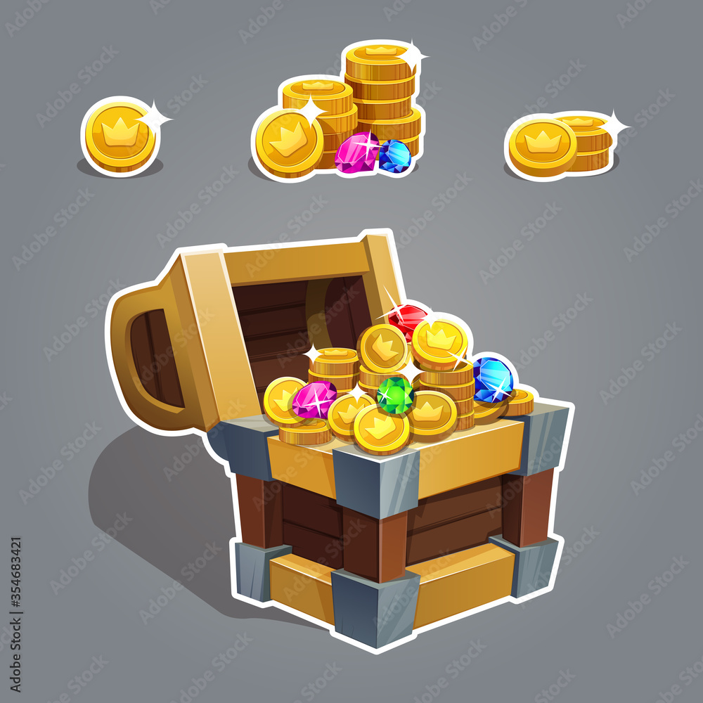 Receiving the cartoon treasure. Cartoon chest set with coin and rhinestone for game interface Vector illustration. Receiving the cartoon treasure. Cartoon chest set with coin and rhinestone for game interface Vector illustration.