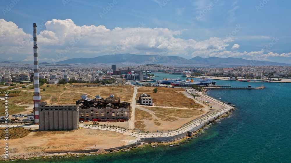 Aerial drone photo of old abandoned fertiliser factory in Piraeus port where tomb of Themistocles lies, who led the ancient Athenians to victory over the Persians at Salamis