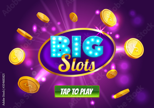 Online Big slots casino banner, tap to play button. Purple mobile slots logo with flying coins, explosion bright flash, colored ads or splash screen for game. Vector illustration
