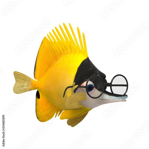 Three-dimensional illustration of a cartoon aquarium fish forcipiger flavissimus photo