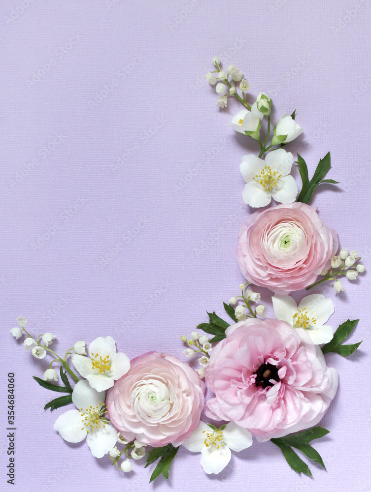 floral background gentle lilac, wreath of pink pink, lily of the valley and jasmine. Romantic background for wedding invitations and greeting cards. place for text. copy space. Flatlay