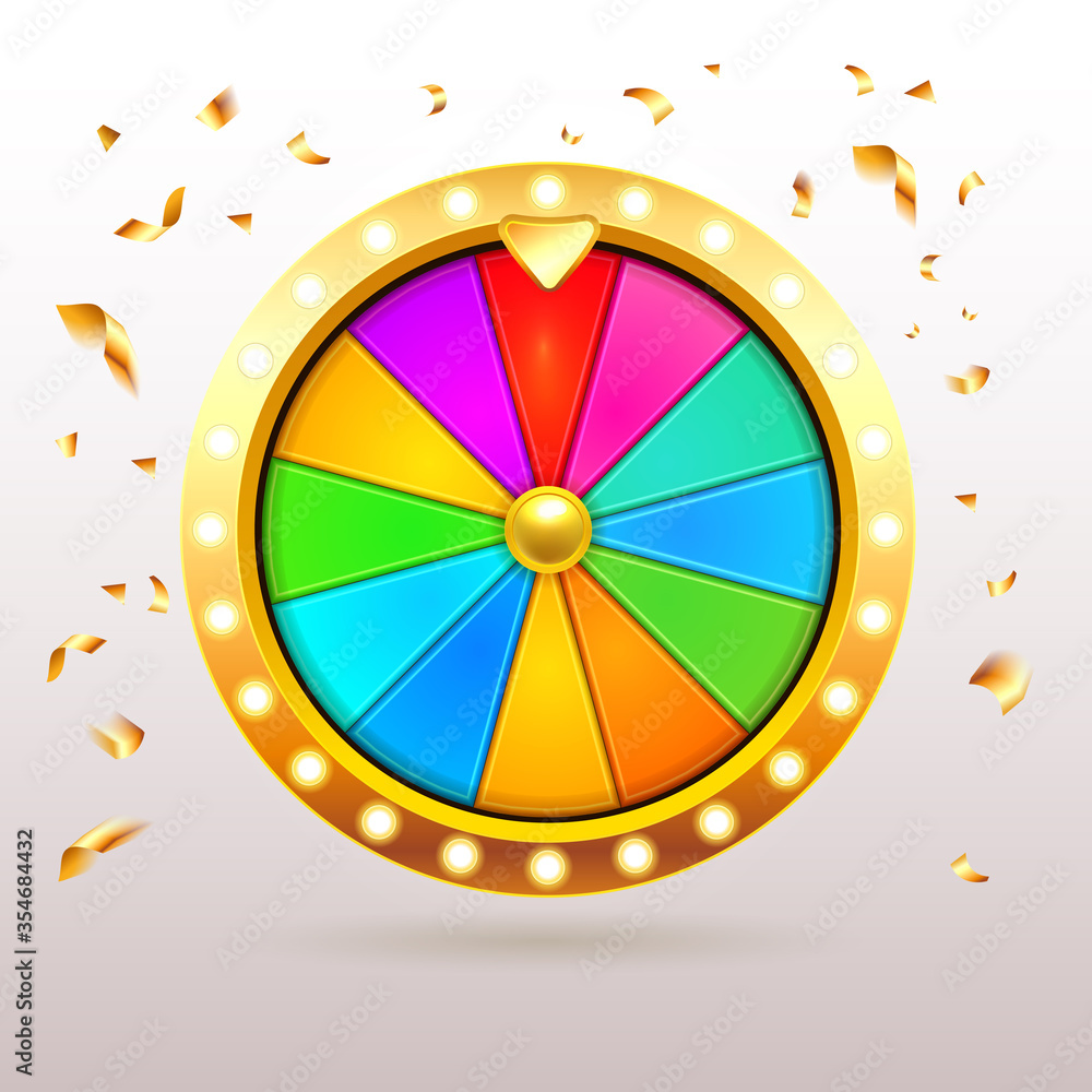 Gold 3d realistic Fortune Wheel illustration with 12 colored empty sectors and confetti.Colorful fortune wheel design. Eps10 vector Gold 3d realistic Fortune Wheel illustration with 12 colored empty sectors and confetti.Colorful fortune wheel design. Eps10 vector