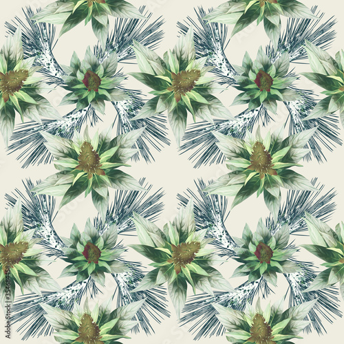 Tropical flowers with fir, seamless pattern.