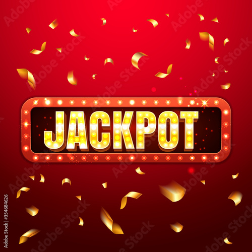 Jackpot casino banner, read more button. Red mobile slots Big win background template with flying confetti, retro light bulb style, colored ads or splash screen for game. Vector illustration. EPS 10.