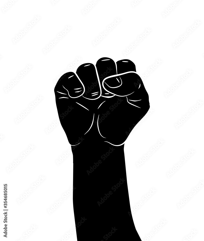 Vecteur Stock Black silhouette of a male rising fist on a white background  with white lines defining fingers and thumb. Symbol of freedom, fight,  revolution, unity, strength and struggle. Simple illustration EPS |