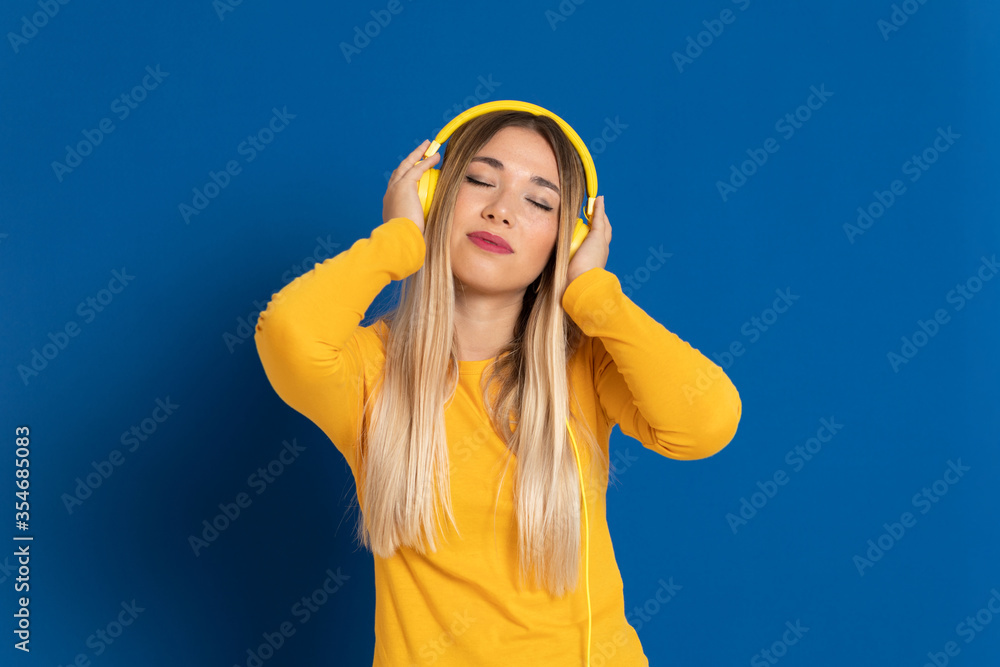 Blonde girl yellow headphones Blonde girl yellow headphones