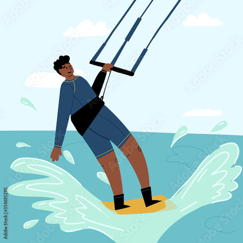 Funny smiling young sportsmen kite surfer ride a wave. Flat vector isolated illustration.