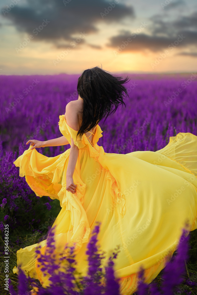 Summer mood. A woman in a luxurious yellow dress is standing in a purple flowering field with her back to the camera. Stock Photo Adobe Stock
