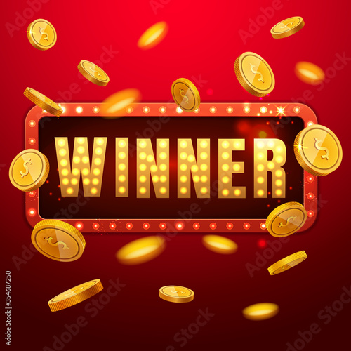 Winner banner. Win congratulations vintage frame, golden congratulating framed sign with gold flying coins . Winners lottery game jackpot prize logo vector background illustration