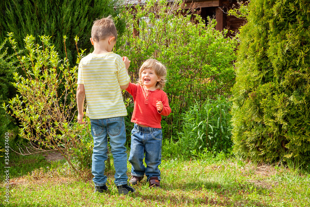 Fototapeta premium Two European boys communicate, talk in the garden. Stay in the fresh air.