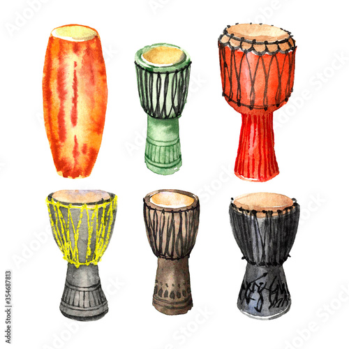 a set of percussion musical instruments, African drums, djembe, conga, with traditional ornaments, color illustration isolated on a white background in watercolor technique, doodle & hand drawn style