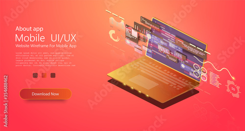 Application of laptop with business graph and analytics data on isometric laptop .Digital money market, investment, finance and trading. Perfect for web design, banner, presentation. Isometric vector