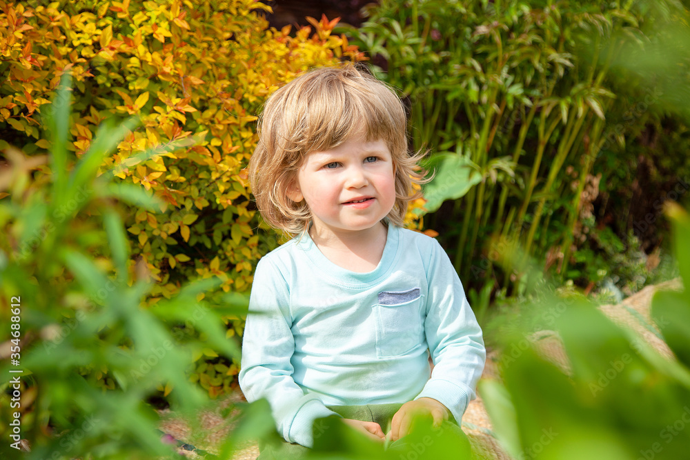 Portrait of a European boy with curly blond hair sitting in a thicket of flowers. Family holidays in nature, in the Park, in the country. Sunbath. A beautiful and happy child. Portrait of a European boy with curly blond hair sitting in a thicket of flowers. Family holidays in nature, in the Park, in the country. Sunbath. A beautiful and happy child.