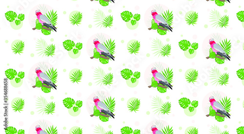 Seamless pattern cockatoo parrot and palm leaves photo