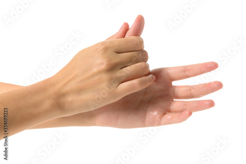 Woman cleaning hands with Alcohol Sanitize gel to prevent bacteria- Viruses- contagious disease- Covid-19 and Coronavirus- Isolated on white background