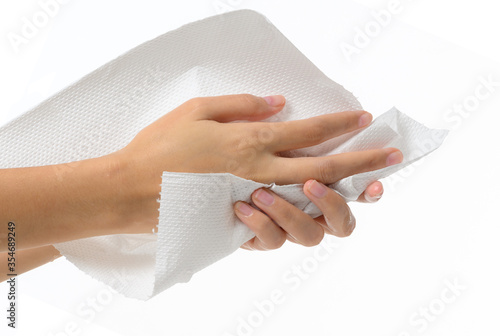Woman drying hands with paper- Isolated on white background