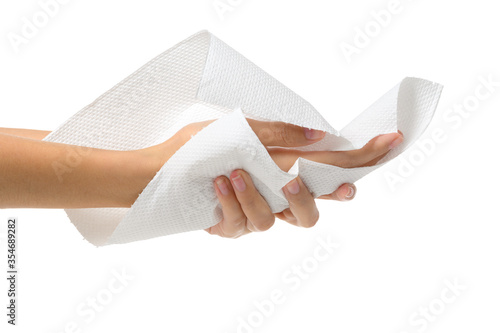Woman drying hands with paper- Isolated on white background