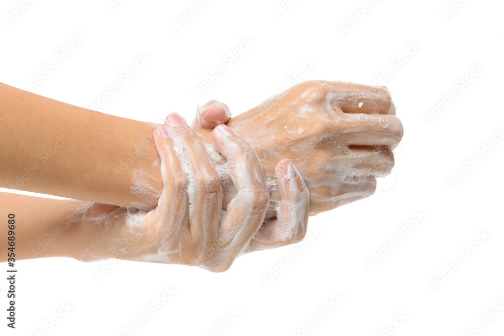 Woman Washing Hands with soap to prevent bacteria- Viruses- contagious disease- Covid-19 and Coronavirus- Isolated on white background Woman Washing Hands with soap to prevent bacteria- Viruses- contagious disease- Covid-19 and Coronavirus- Isolated on white background