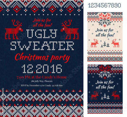 Ugly Sweater Christmas Party cards. Knitted pattern. Scandinavian style deers