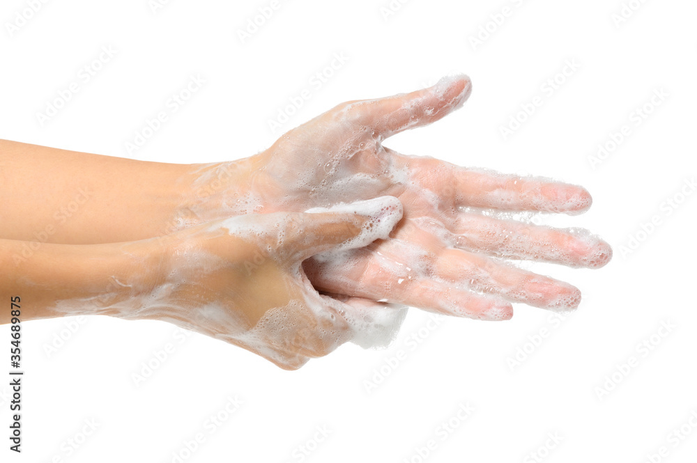 Woman Washing Hands with soap to prevent bacteria- Viruses- contagious disease- Covid-19 and Coronavirus- Isolated on white background Woman Washing Hands with soap to prevent bacteria- Viruses- contagious disease- Covid-19 and Coronavirus- Isolated on white background