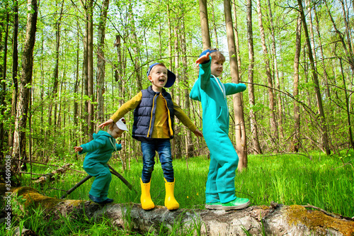 Children in the spring forest walk on a log. Hiking, camping, family outdoor activities. Friendship since childhood. A happy family with three children.