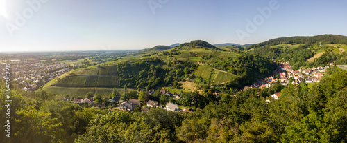 Aerial / Drone Panorama of Vineyard between Heppenheim and Bensheim at the Bergstraße in Hessen during sunset with a cloudless sky photo