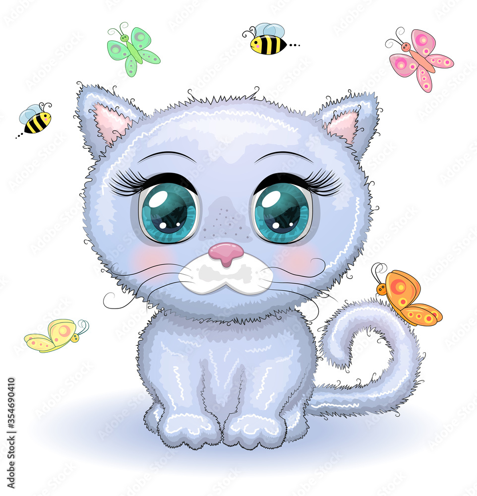 Cute cartoon pink cat, kitten on a background of flowers among butterflies