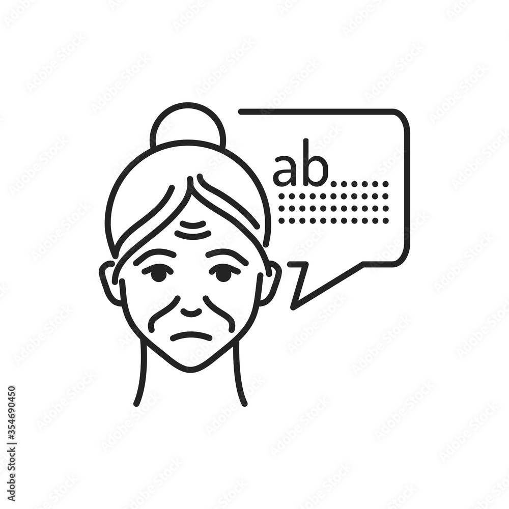 Old woman with speech bubble difficulty with words line black icon. Brain disease dementia. Sign for web page, mobile app, button, logo. Editable stroke. Old woman with speech bubble difficulty with words line black icon. Brain disease dementia. Sign for web page, mobile app, button, logo. Editable stroke.