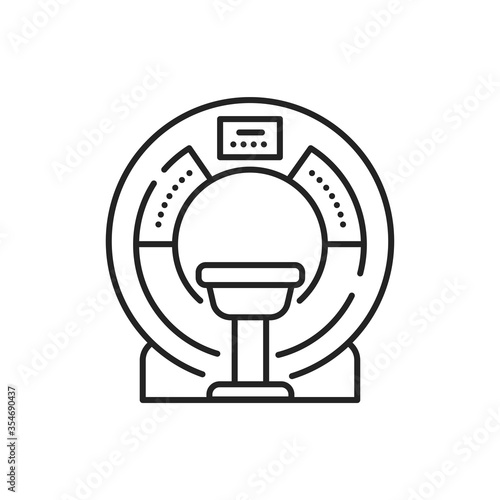 MRI machine scan device in hospital line black icon. Diagnosis of dementia. Medical equipment and health care concept. Sign for web page, mobile app, logo. Editable stroke