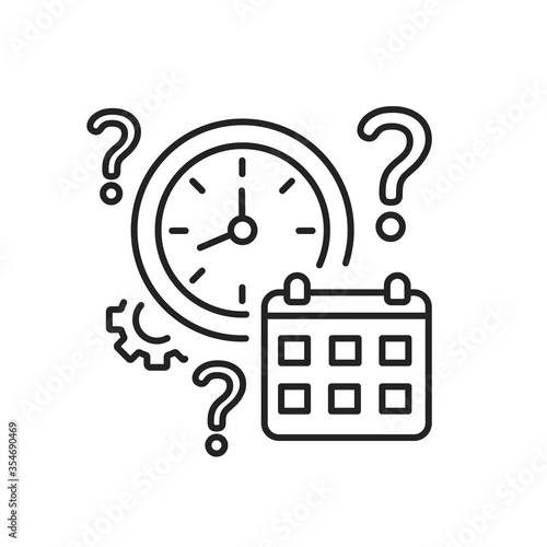 Clock and calendar with a question mark line black icon. Confusion with time and date. Dementia symptom. Memory loss. Sign for web page, mobile app, button, logo. Editable stroke