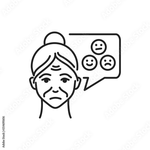Old woman with speech bubble unfounded emotions line black icon. Mood change. Brain disease dementia. Sign for web page, mobile app, button, logo. Editable stroke.