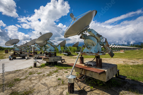 satellite dishes on a background of mountains
badars